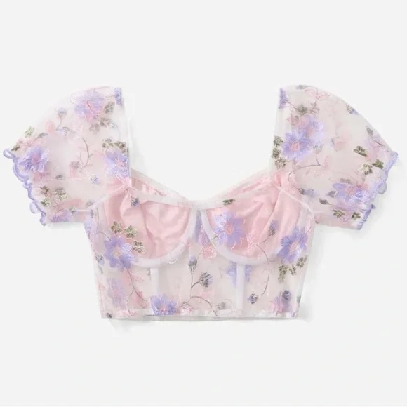 Pink Floral Embroidery Puff Sleeve Sweetheart Neck Top - Picture 7 of 10